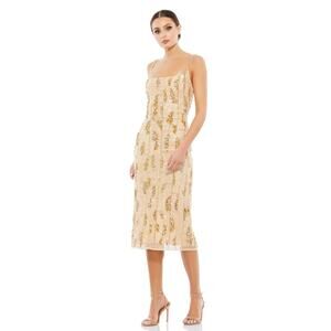 MAC DUGGAL 10770 Beaded Spaghetti Strap Midi Slip Dress Nude Gold 2 NEW